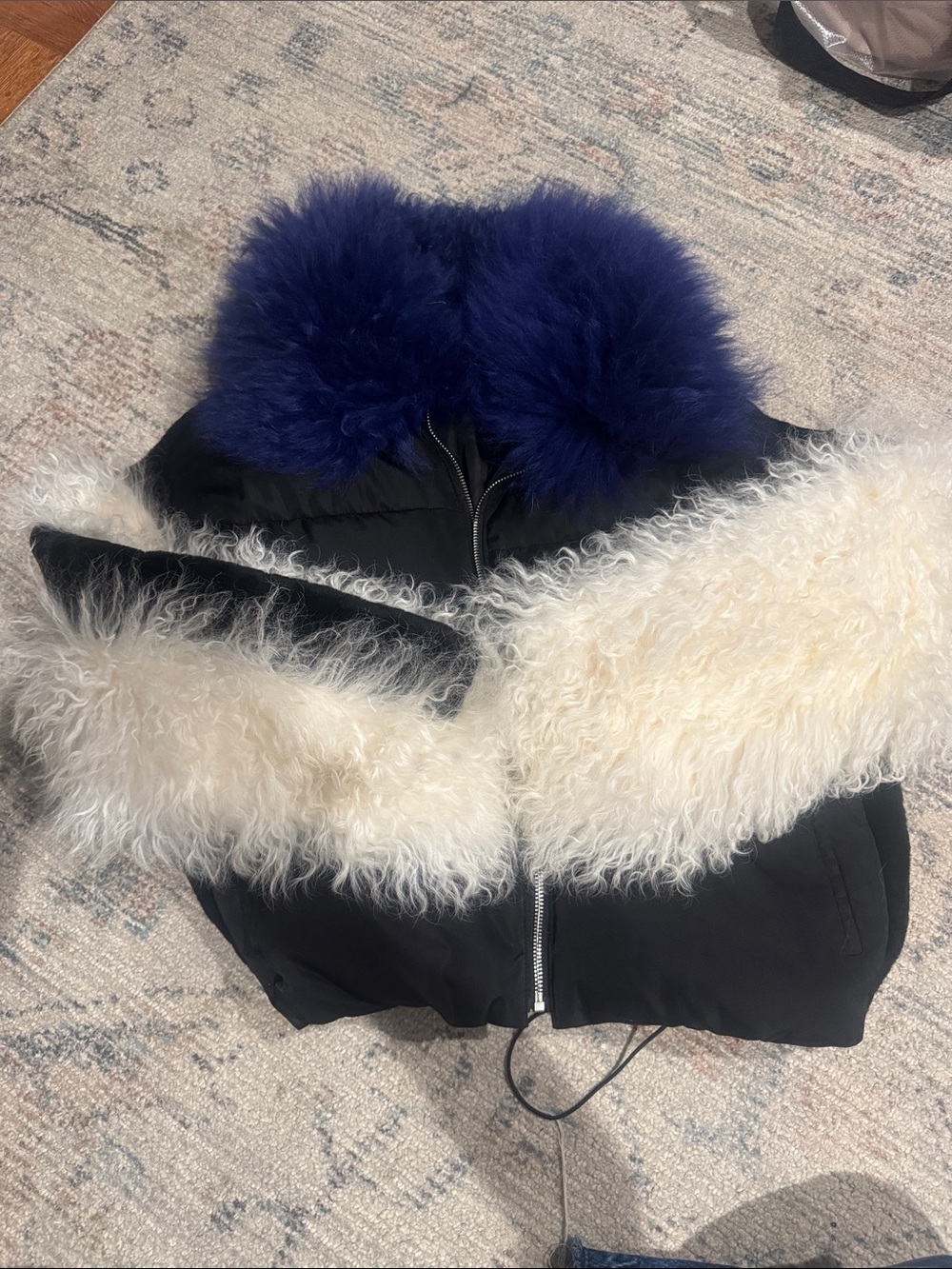 Adrienne Landau Black Puffer bomber with White Fur Accent and Navy Fur Collar
